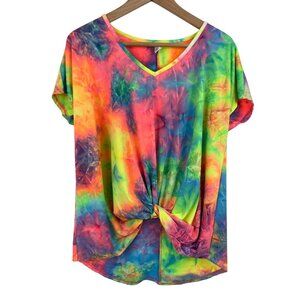 Tie-Dye Rainbow Short Sleeve Tunic Top w/Front Knot Detail Womens Size Large
